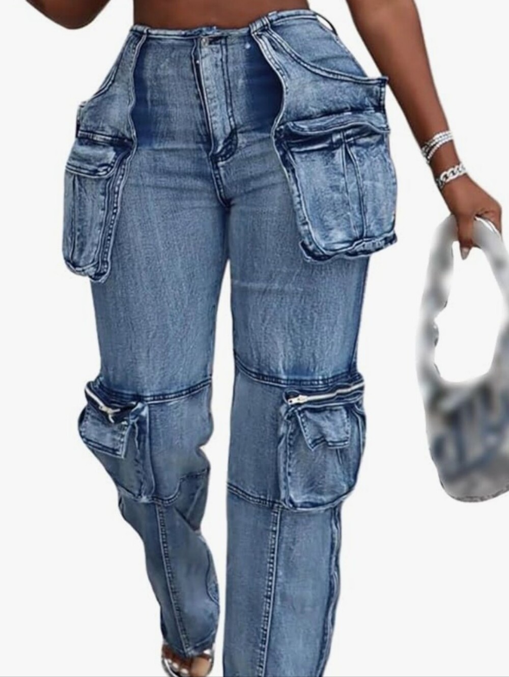 High-Waist Blue Cargo Denim Jeans for Women